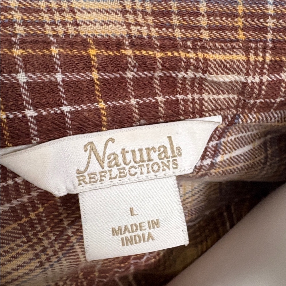 Natural Reflections button up autumn fall brown plaid flannel large - Picture 6 of 7